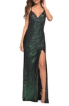 LA FEMME FAUX WRAP SEQUIN GOWN