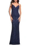 La Femme Luxurious Soft Sequin Dress With V Neckline In Navy