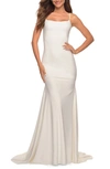 La Femme Sleeveless Jersey Gown With Train In White