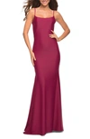 La Femme Sleeveless Jersey Gown With Train In Berry