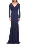 LA FEMME RUCHED LONG SLEEVE JERSEY GOWN