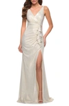 La Femme Metallic Ruffle Jersey Gown In White/ Gold