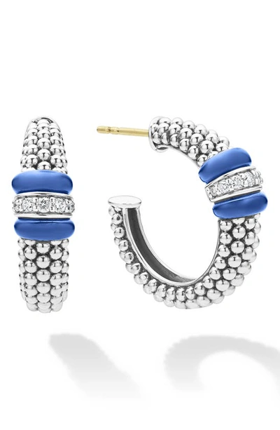 Lagos 14k Yellow Gold & Sterling Silver Ultramarine Ceramic & Diamond Caviar Bead Hoop Earrings In Blue/silver