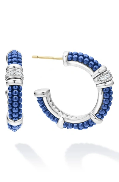 Lagos Blue Caviar Ultramarine Ceramic Diamond 1-row 23mm Hoop Earrings In Blue/silver