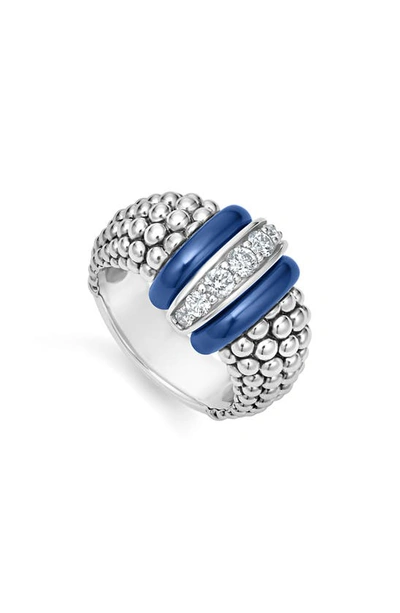 Lagos Sterling Silver Blue Caviar Ultramarine Ceramic Diamond Large 1-link Ring In Blue/silver