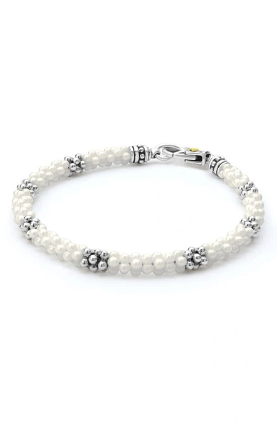 Lagos 18k Yellow Gold & Sterling Silver White Ceramic Caviar Bead Statement Bracelet