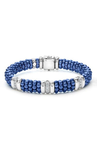 Lagos 18k Yellow Gold & Sterling Silver Diamond Rondelle & Ultramarine Ceramic Caviar Bead Statement Brace In Blue/silver