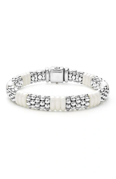 Lagos 18k Yellow Gold & Sterling Silver White Ceramic Rondelle & Caviar Bead Statement Bracelet In White/silver