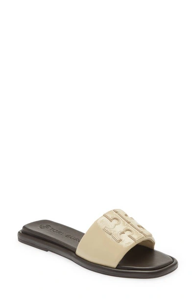 Tory Burch Double T Logo Flat Slide Sandals In Seaside Sand Sea