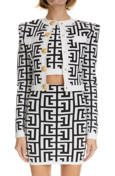 Balmain Maxi Monogram Knit Cropped Cardigan In White,black