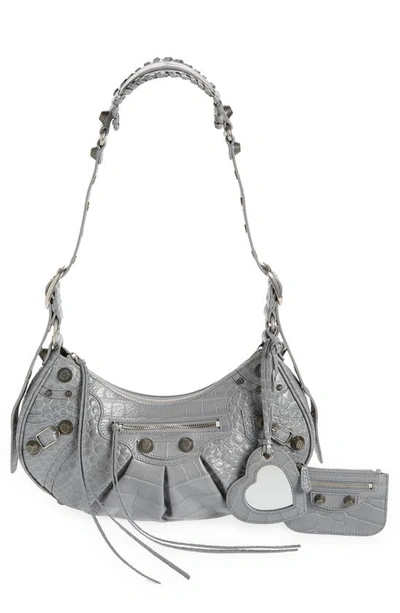 Balenciaga Le Cagole Small Metallic Croc Embossed Leather Shoulder Bag In Grey