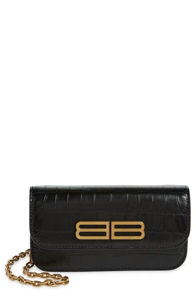 Balenciaga Gossip Bb Logo Croc Embossed Leather Wallet On A Chain In Black