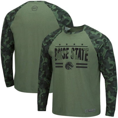 Colosseum Olive/camo Boise State Broncos Oht Military Appreciation Slim-fit Raglan Long Sleeve T-shi In Olive,camo