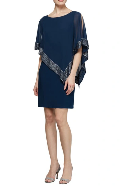 Sl Fashions Foil Trim Asymmetrical Popover Capelet Sheath Dress In Navy Silver