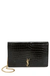 SAINT LAURENT GLOSSY CROC EMBOSSED LEATHER WALLET ON A CHAIN
