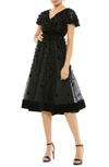 Mac Duggal Velvet Flower-embellished Midi-dress In Black