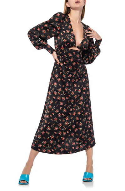 Afrm Viola Cutout Long Sleeve Midi Dress In Noir Rose Garden