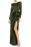 Mac Duggal Satin Bow Long Sleeve Column Gown In Olive