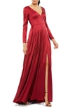 Mac Duggal Long Sleeve Satin A-line Gown In Wine