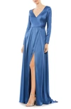 Mac Duggal Long Sleeve Satin A-line Gown In Midnight