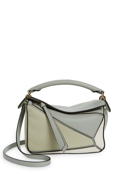 Loewe Mini Puzzle Colourblock Leather Bag In Ash Grey/ Marble Green