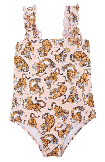 Kenzo Teen Tiger-print Frilled-trim Swimsuit In Pink