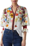 ALICE AND OLIVIA ILAN FLORAL PUFF SLEEVE SILK & COTTON BLOUSE