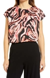 Halogen Cap Sleeve Satin Blouse In Pink- Black Ink Strokes