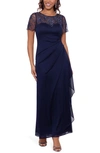 Xscape Beaded Short Sleeve Chiffon Gown In Navy