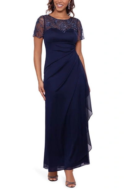 Xscape Beaded Short Sleeve Chiffon Gown In Navy