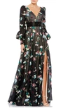 Mac Duggal V-neck Bishop Sleeve Gown With Beaded Cummerbund And Thigh-high Slit In Black