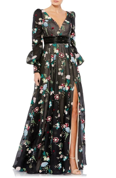 MAC DUGGAL FLORAL EMBROIDERED LONG SLEEVE GOWN