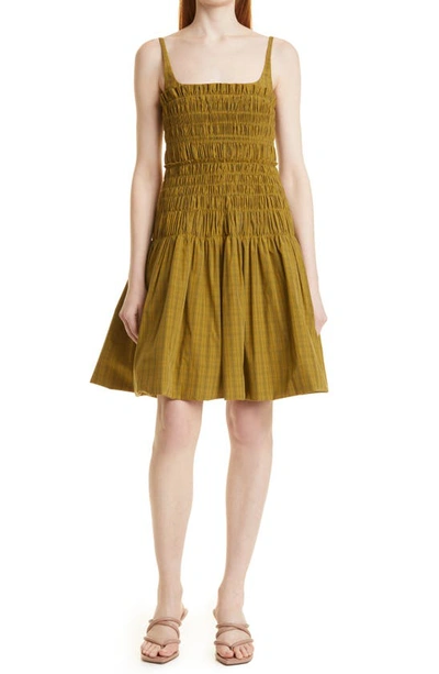 Rebecca Taylor Shirred Sleeveless Dress In Mini Plaid Olive Com