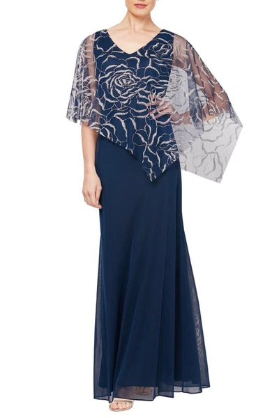 Sl Fashions Popover V Neck Glitter Floral With Asymetric Cape In Navy
