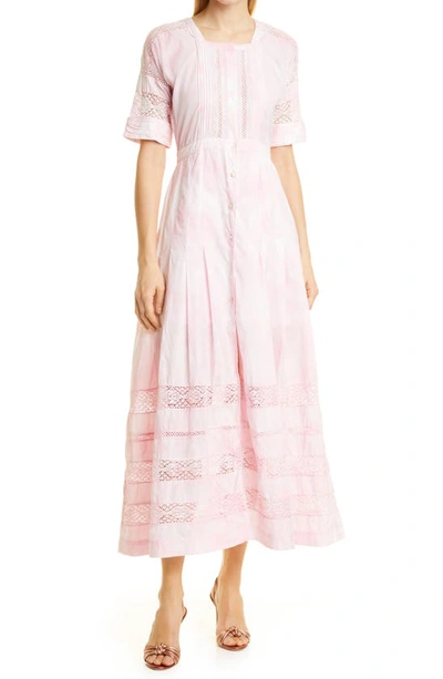 Loveshackfancy Edie Lace Inset Midi Dress In Island Pink Hand Dye