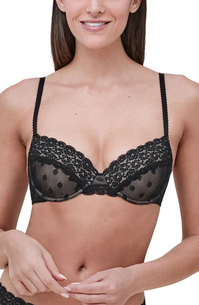 Skarlett Blue Dnu Women's Dare Fully Adjustable Comfortable Everyday Demi T Shirt Bra With Dotted Stretch Lace And In Black,nylon