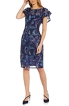 ADRIANNA PAPELL EMBROIDERED FLUTTER SLEEVE SHEATH DRESS