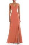 After Six Wrap Bodice Chiffon Gown In Terracotta Copper