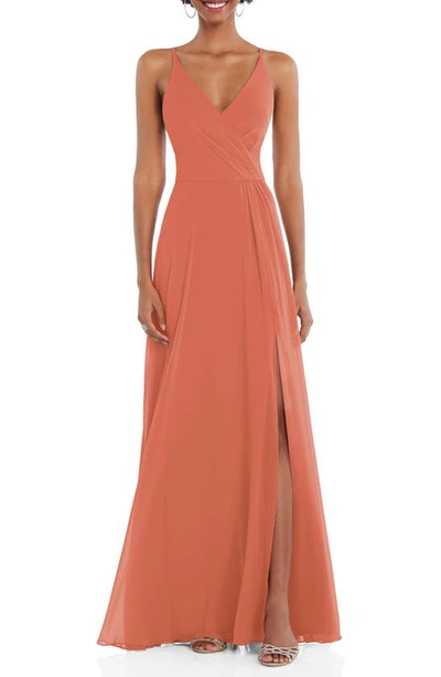 After Six Wrap Bodice Chiffon Gown In Terracotta Copper
