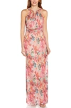ADRIANNA PAPELL FLORAL METALLIC PLEATED HALTER GOWN