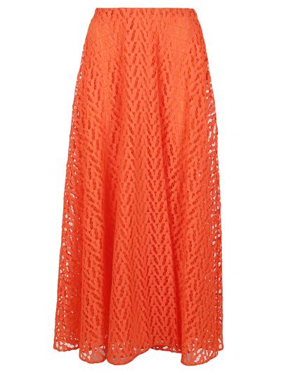 Valentino Optical V Embroidered-lace Midi Skirt In Orange