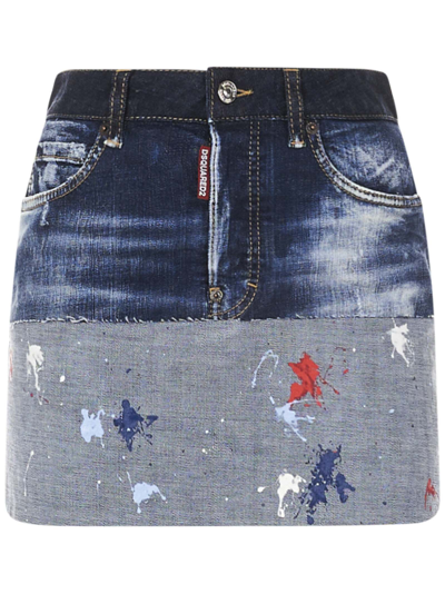 Dsquared2 Paint Splatter-effect Denim Mini Skirt In Multi-colored