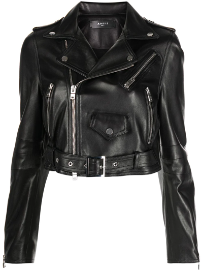 Amiri Cropped Studded Leather Biker Jacket In Black