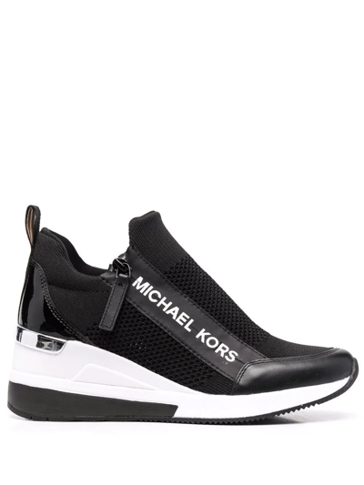 Michael Michael Kors Willis Logo-print Stretch-knit Wedge Trainers In Black