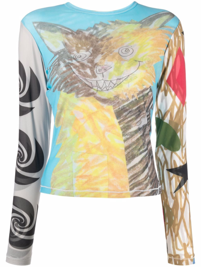 Chopova Lowena Crazy Cat + Swirl Fitted Mesh Top In Blue,orange