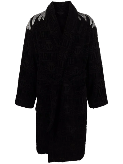 Philipp Plein Beaded Eagle Bath Dressing Gown In Black
