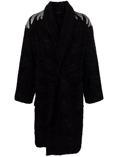 Philipp Plein Beaded Eagle Bath Robe In Black