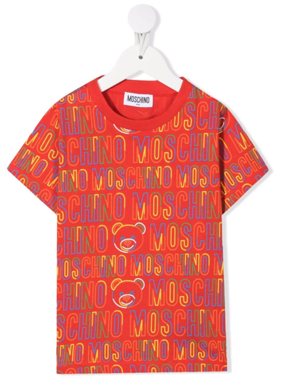 Moschino Kids' All-over Logo-print T-shirt In Red