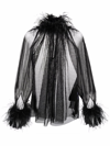 Styland Feather-trim Sheer Longline Blouse In Black