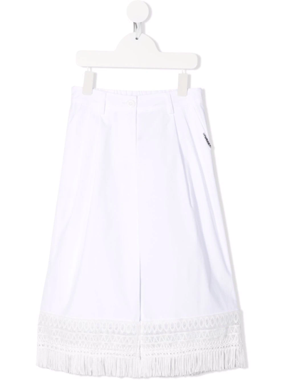 Twinset Kids' Frayed-hem Wide-leg Trousers In White